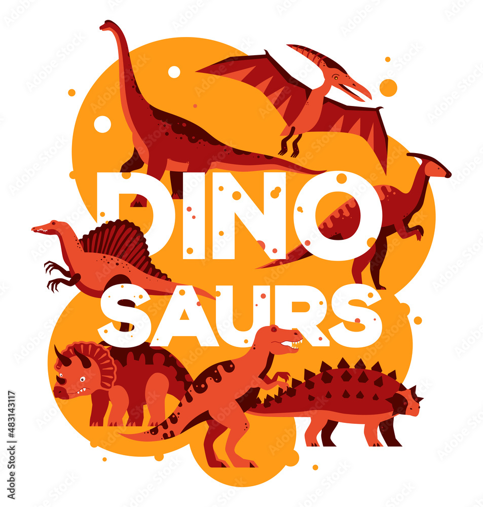 Different dinosaurs - flat design style orange illustration