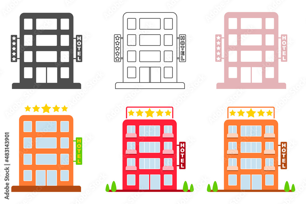 Obraz premium Hotel icon, set of multicolored hotel icons isolated on white background. Vector illustration.