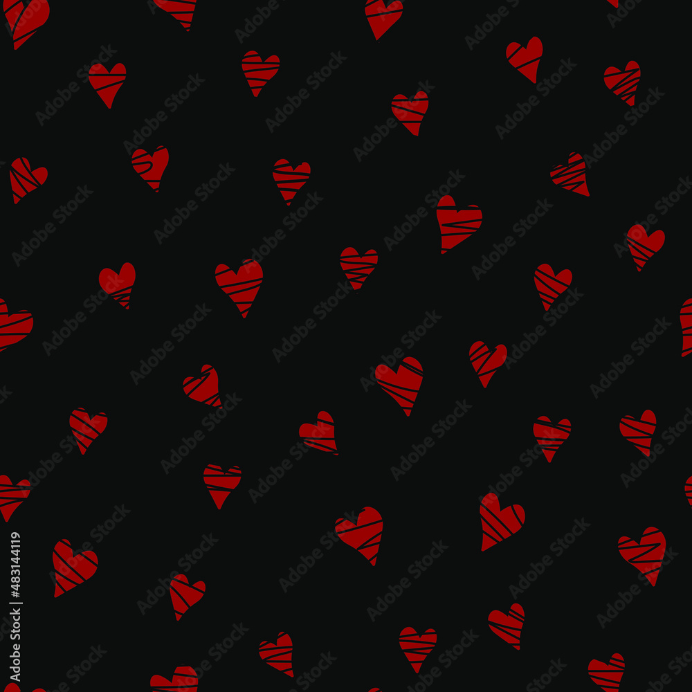 Simple hearts seamless pattern. Valentines day background. Flat design endless chaotic texture made of tiny heart silhouettes. Shades of red. Read hearts at black background Simple hearts seamless pattern. Valentines day background. Flat design endless chaotic texture made of tiny heart silhouettes. Shades of red. Read hearts at black background