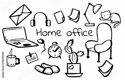 set of doodles on home office theme isolated on white background. Elements for design