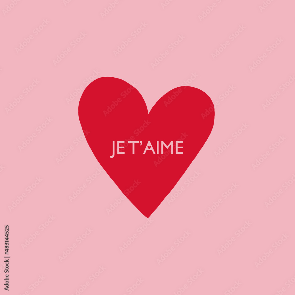 ''JE T'AIME'' inscription. Love illustration with a red heart on a pastel pink background. Valentine's day background. Valentine's day card. Valentine's day pattern. 14th February.