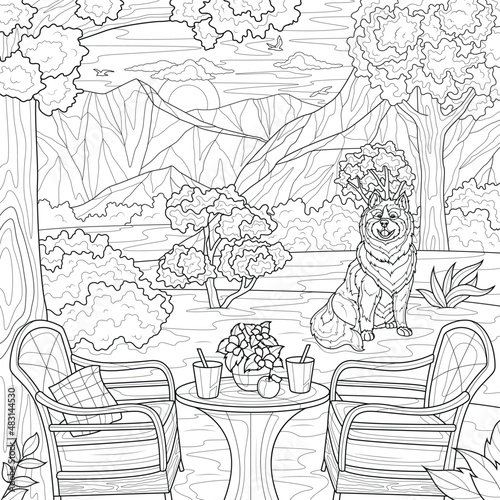 Picnic in the forest and a dog.Landscape.Coloring book antistress for children and adults. Illustration isolated on white background. Zen-tangle style. Hand draw