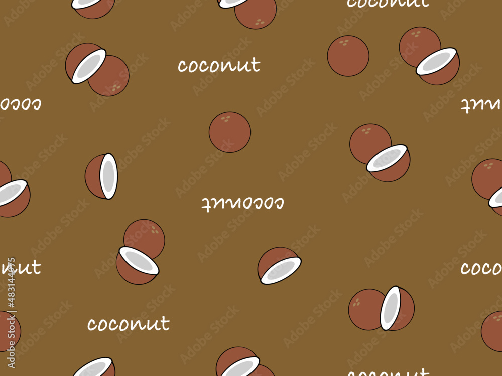 Obraz premium Coconut cartoon character seamless pattern on brown background.