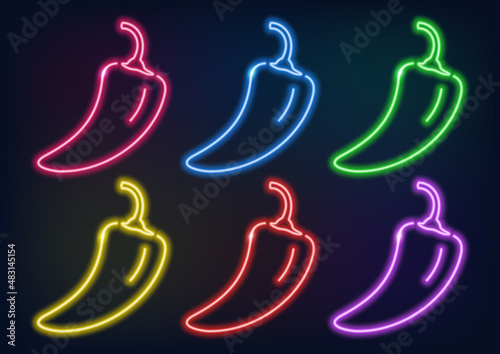 Neon sign. Hot chili pepper in neon style. Laser glowing lines on a dark background.