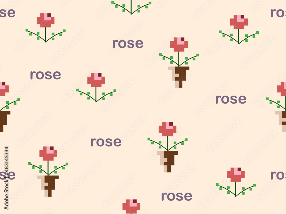 Rose cartoon character seamless pattern on orange background.Pixel style Rose cartoon character seamless pattern on orange background.Pixel style
