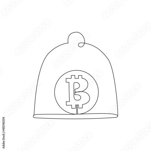 Continuous line drawing, bitcoin under glass dome vector illustration. Safe money concept. Financial insurance.
