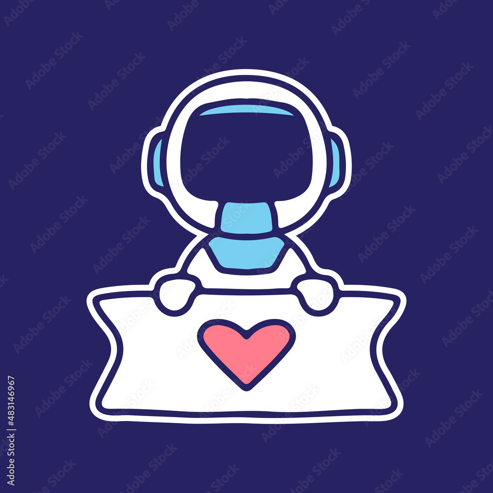 Obraz premium Cute astronaut mascot character holding banner with love sign. Illustration for sticker and t shirt.
