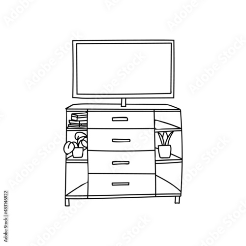 TV on dresser doodle illustration in vector. TV on cupboard doodle illustration. Hand drawn icon of drawer with TV on it.
