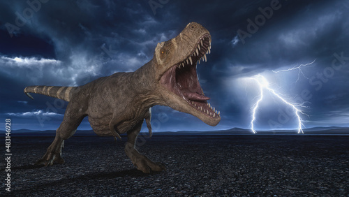 Tyrannosaurus Rex dinosaur roars in a barren desert landscape at night with lightning storm in the background. 3D rendering. photo