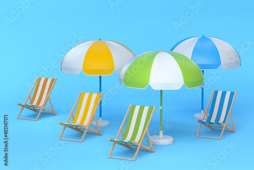 Beach chairs with umbrellas and beach ball on blue background.