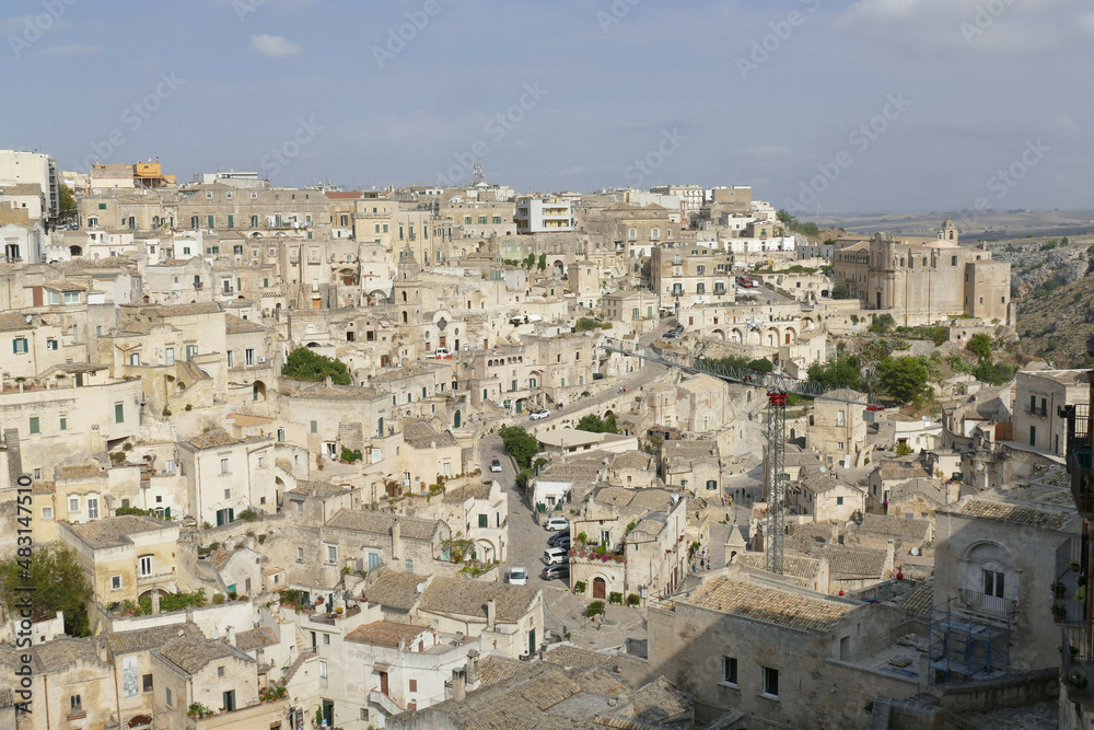 panorama on the white sandstone old town from the balcony in front of the Cathedral of Matera 
