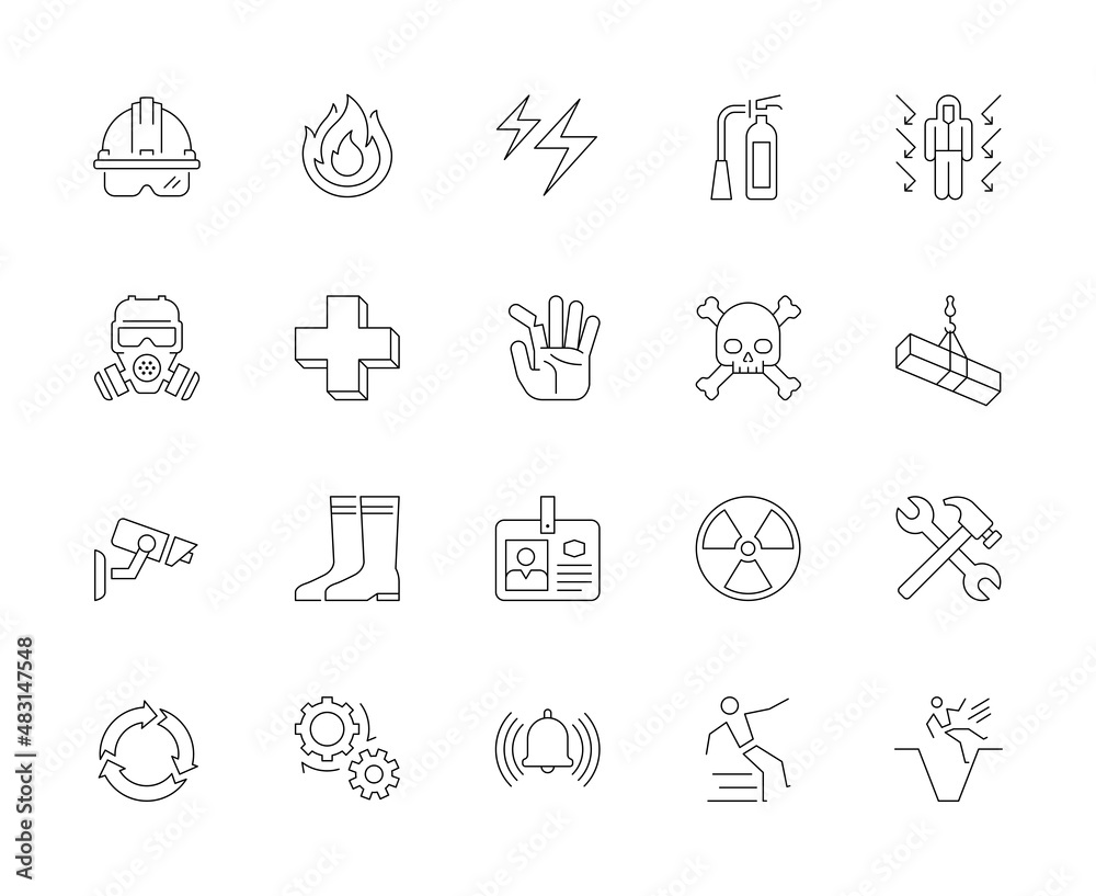 A set of line icons, warning, caution, safety, industry, factory, icons, vector illustration. A set of line icons, warning, caution, safety, industry, factory, icons, vector illustration.