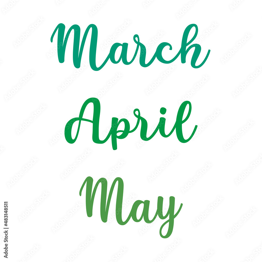 Set of three illustrations of the spring months in lettering style - March, April and May. Vector graphic. Set of three illustrations of the spring months in lettering style - March, April and May. Vector graphic.
