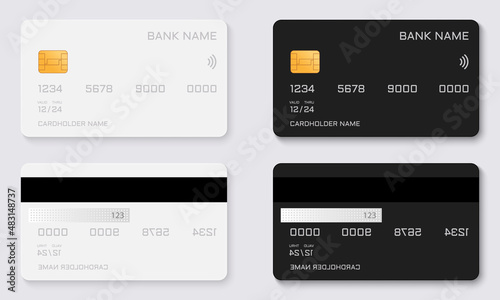 Black and White Mock Up of Debit Bank Card. Plastic Credit or Debit Card with Golden Chip Mockup. Two Sides of Plastic Credit Bank Card Template. E-commerce Concept. Isolated Vector Illustration