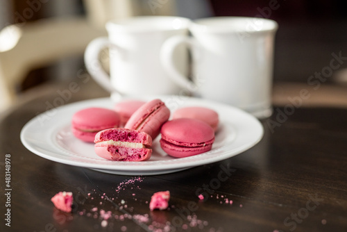 Pink French Macarons on Table, White Coffee Cups, Valentines Date, At Home Valentines Date, Valentine's Day Dessert, Fancy Dessert