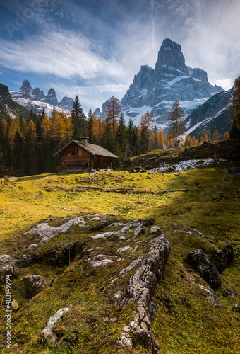 The Hute and the Crozzon di Brenta in the majestic Dolomites, Adamello Brenta Natural Park, Trentino, Italy.