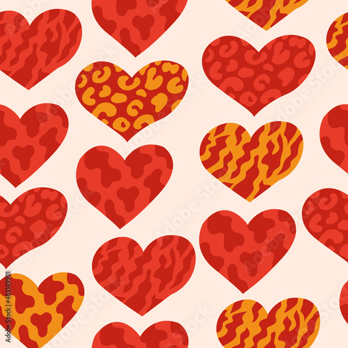 Seamless pattern with hearts and animal textures. Vector background in retro style
