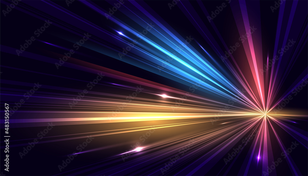 Obraz premium Modern abstract high-speed movement. Dynamic motion light trails on dark blue background. Futuristic, technology pattern for banner or poster design background concept.