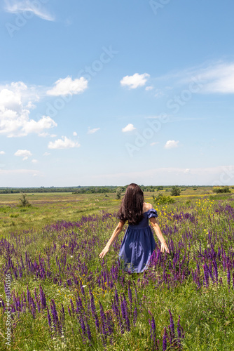 Young brunette in blue dress walks in the middle of sage in meadow. Selective focus.