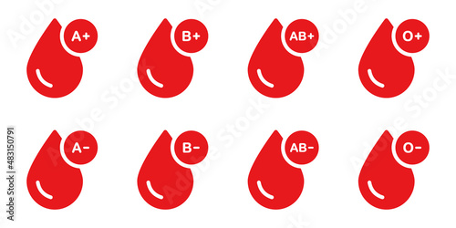 Blood Type Silhouette Icon. Group of Blood Pictogram. O, A, B, AB Positive and Negative Type of Blood Pictogram Set. Red Plasma Drops Collection. Bleed Donation Concept. Isolated Vector Illustration