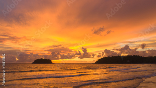 .aerial view stunning sunset above Pu island Kata beac Phuket Thailand. .Scene of colorful red light trough in the dark blue sky..Gradient color. Sky texture, abstract nature background.