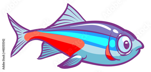 Neon tetra fish. Cartoon freshwater aquarium animal
