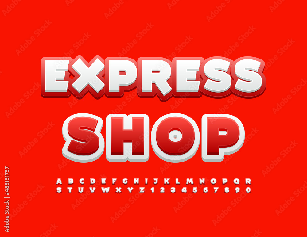 Vector bright Emblem Express Shop. White and Red Font. Modern Alphabet Letters and Numbers Vector bright Emblem Express Shop. White and Red Font. Modern Alphabet Letters and Numbers
