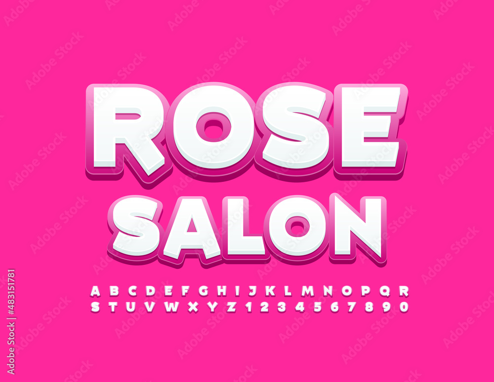Vector glamour logo Rose Salon with stylish Font. Pink and White chic Alphabet Letters and Numbers set 