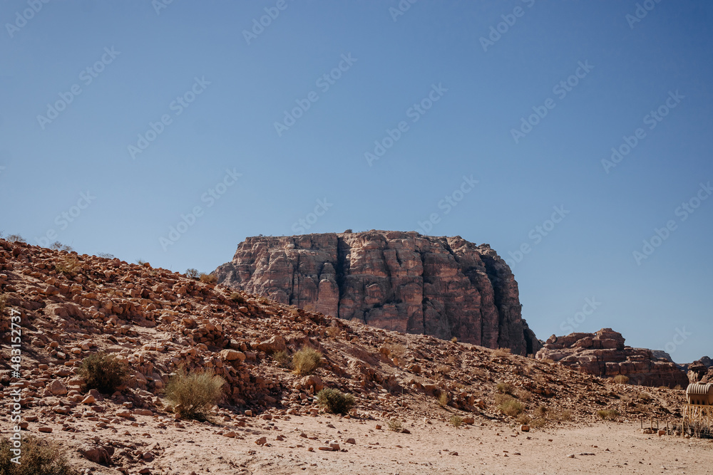 Fototapeta premium Mountain of red sandstone. Bushes of thorns in the desert. Mountain landscape in Jordan. Jordan, Middle East