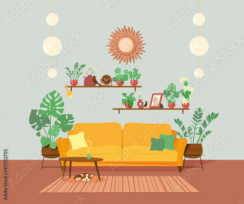 Cozy place in the house. The interior of the living room, winter garden, greenhouse. Set of vector furniture and flowers. In the style of a flat plane.