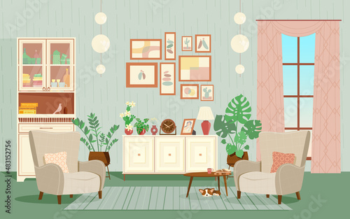Living room interior. A cozy place to read  relax or reflect. Set of vector furniture and flowers. Flat style. Graphic design template.