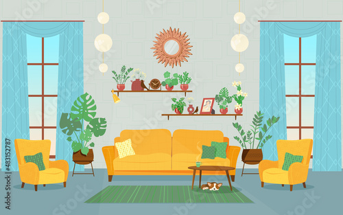 Set of vector furniture. Living room interior. A large room with panoramic windows, a yellow sofa and armchairs, houseplants, a table and a dog. 