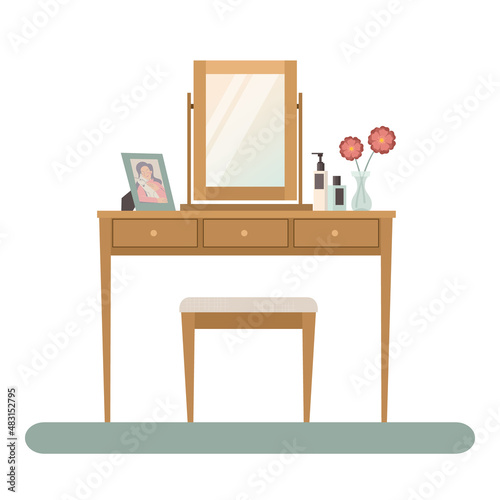 Bedroom interior. Dressing table. Vector image in flat plane style.