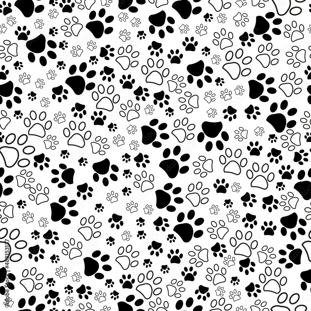 Black and white paw prints seamless fabric textile design pattern Black and white paw prints seamless fabric textile design pattern