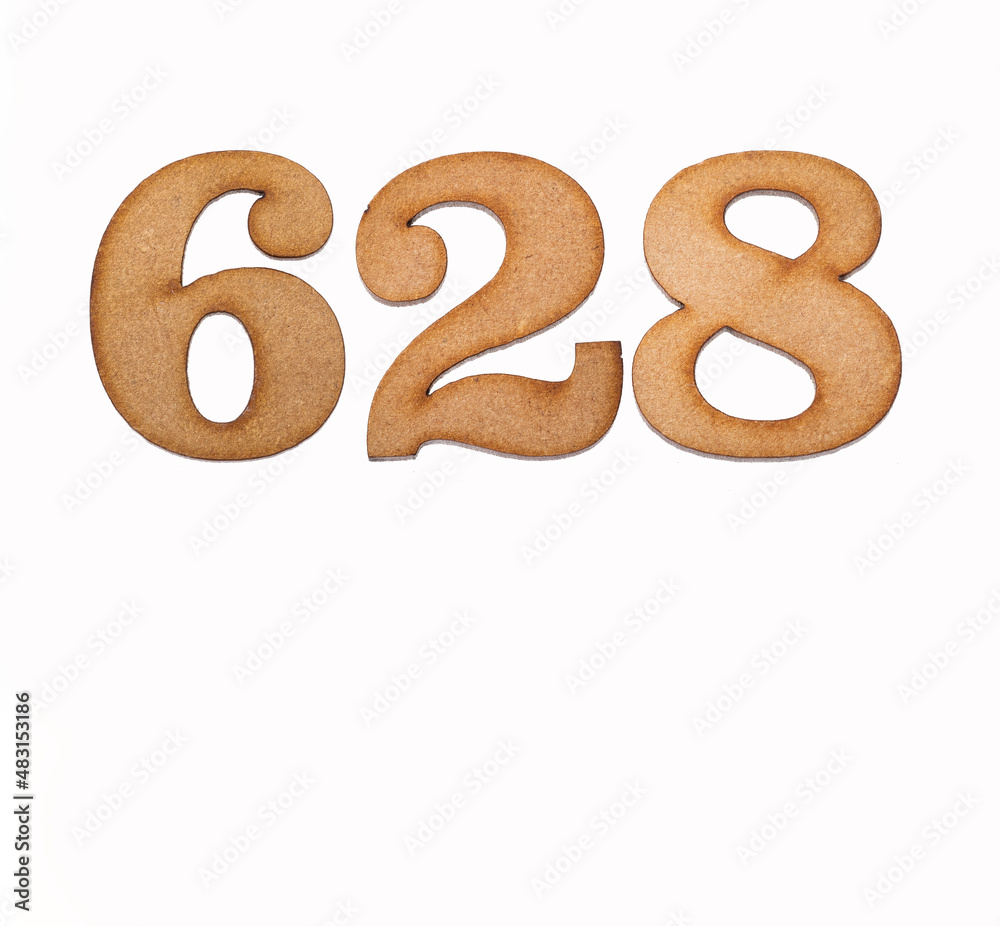 Number 628 in wood, isolated on white background Number 628 in wood, isolated on white background