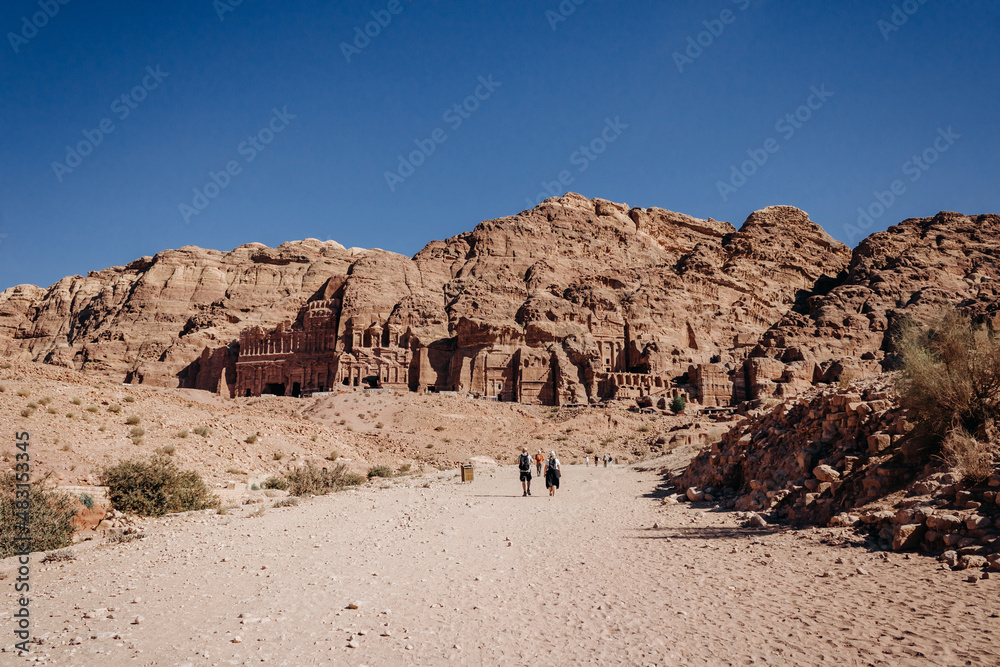 Facades in the rock in the ancient city of Petra. Hashemite Kingdom of Jordan. Jordan. Petra