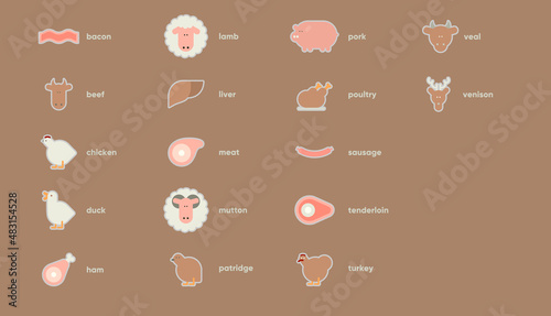 Meat products. A set of simple icons. Farmer's products. Minimalist icon design. Set of vector stickers.