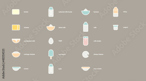 Dairy products theme , set of simple icons. Farmer's products. Minimalist icon design. A set of vector stickers.
