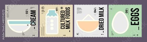 Cream, cultured milk foods, dried milk, eggs. Farmer's products. A set of vector labels in a modern, minimalist style. Geometric icons and elements.