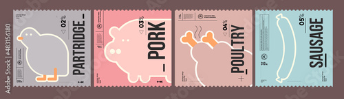 Partridge, pork, poultry, sausage. Farmer's products. A set of vector labels in a modern, minimalist style. Geometric icons and elements. 