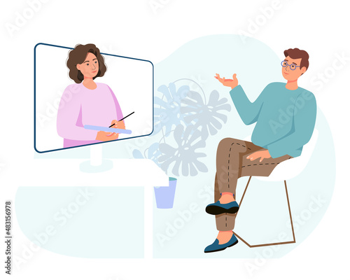 A man visits an online psychologist's office. The patient sits in a chair and talks to a psychiatrist. Vector illustration for therapy session, psychotherapeutic counseling concept