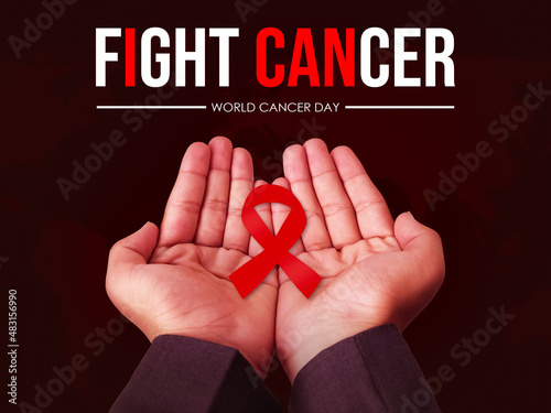 Fight Cancer Concept Background with Hands and Ribbon. World Cancer day backdrop photo