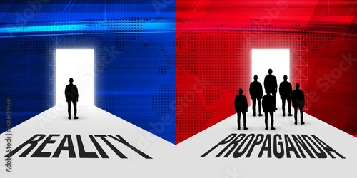 Foto Reality Vs Propaganda Concept Background Art with People in front of Both Doors