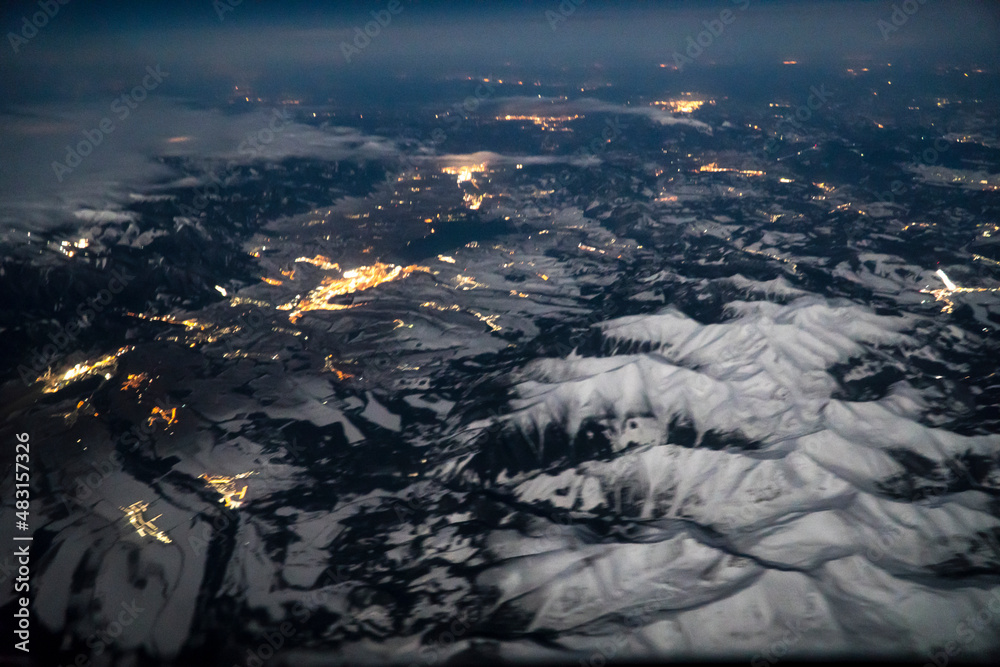 Tatry, Zakopane z lotu ptaka nocą / Aerial Night view of Tatra Mountains / Tatry z powietrza / Wypoczynek pod Tatrami / Hotele Zakopane / Bukowina - obrazy, fototapety, plakaty 