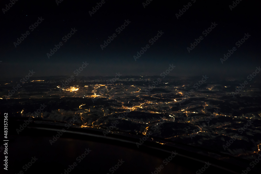 Naklejka premium Tatry, Zakopane z lotu ptaka nocą / Aerial Night view of Tatra Mountains / Tatry z powietrza / Wypoczynek pod Tatrami / Hotele Zakopane / Bukowina
