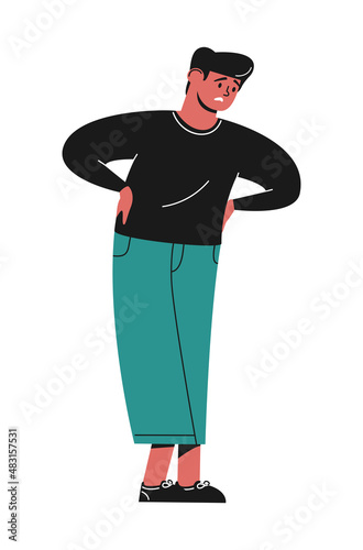 Cartoon illustration sad boy holding on to the back. Man suffering from lumbar backache. Sedentary work. Health care, disease, pain, illness, sickness concept. Flat vector cute character. Isolated.
