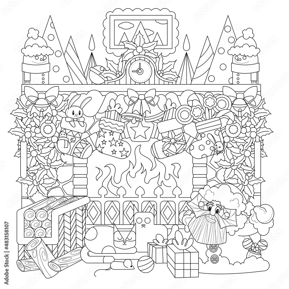 
Christmas coloring book. fireplace with cats Christmas socks with gifts.