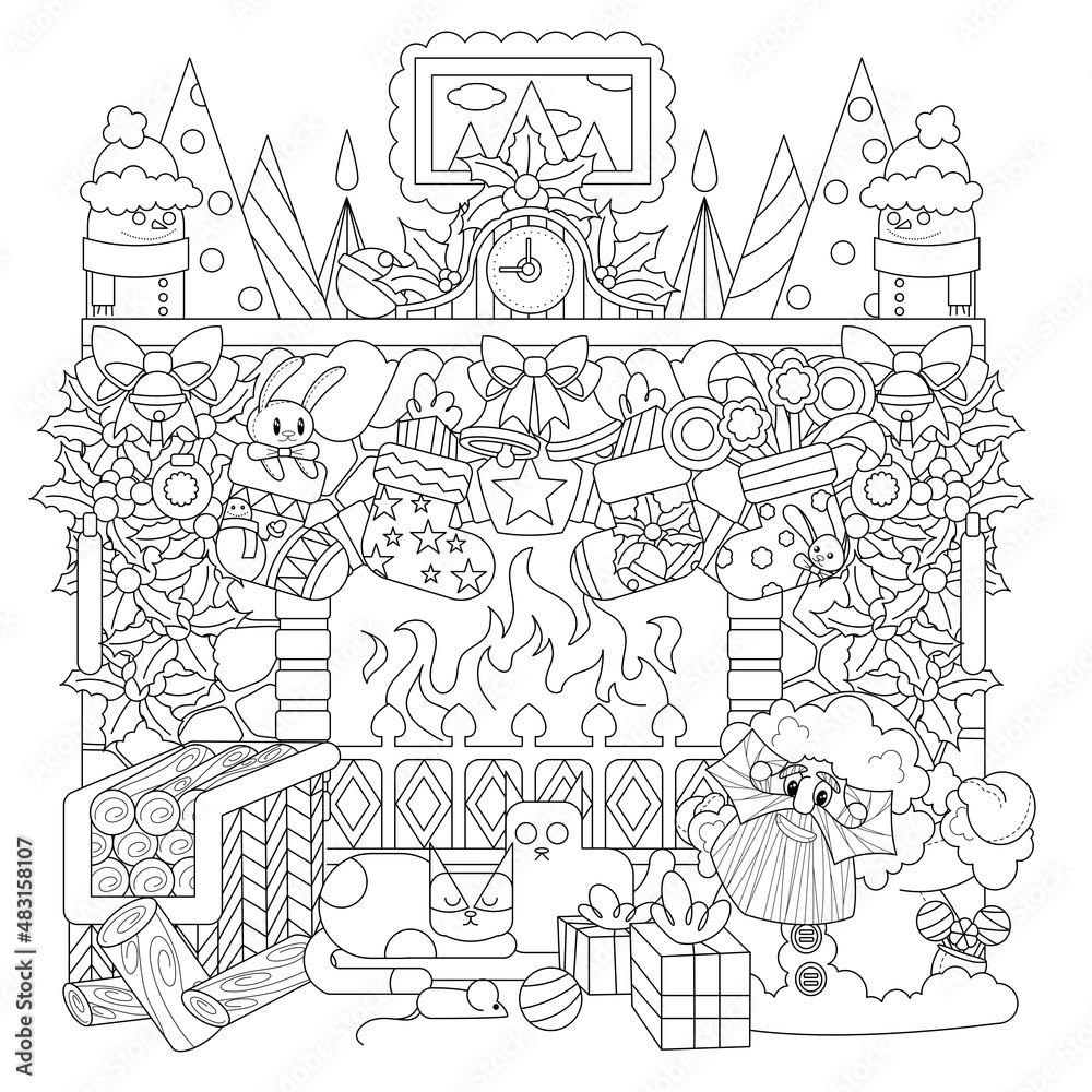 Fototapeta premium Christmas coloring book. fireplace with cats Christmas socks with gifts.