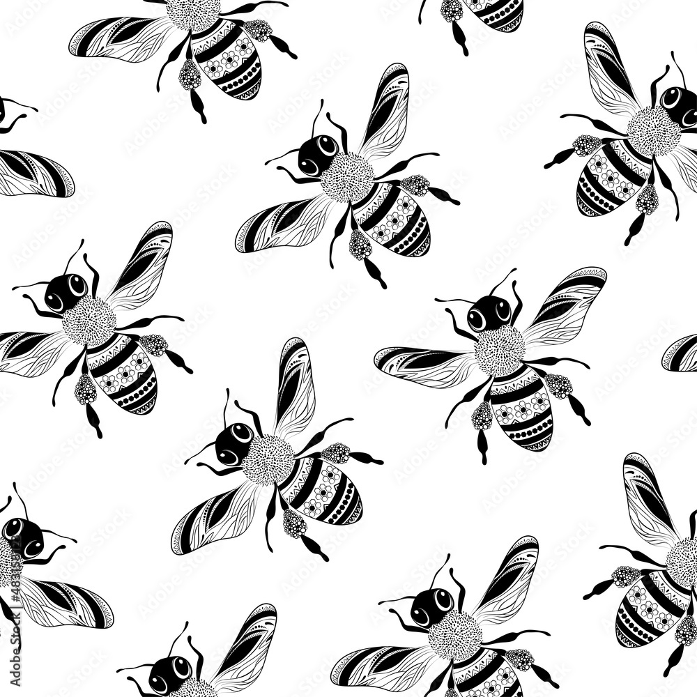 Cute seamless pattern with flying bees. Vector illustration EPS10