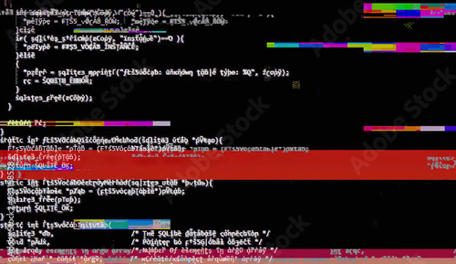 Obfuscated source code on a screen, with a nasty digital glitch distortion (colored bands).
 photo